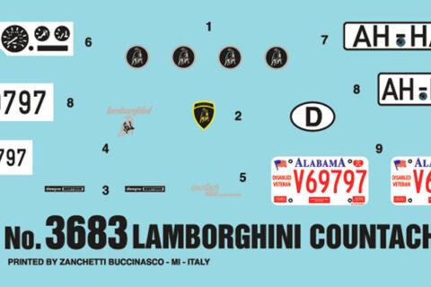Decalbogen des Italeri Lamborghini Countach Plastikbausatzes